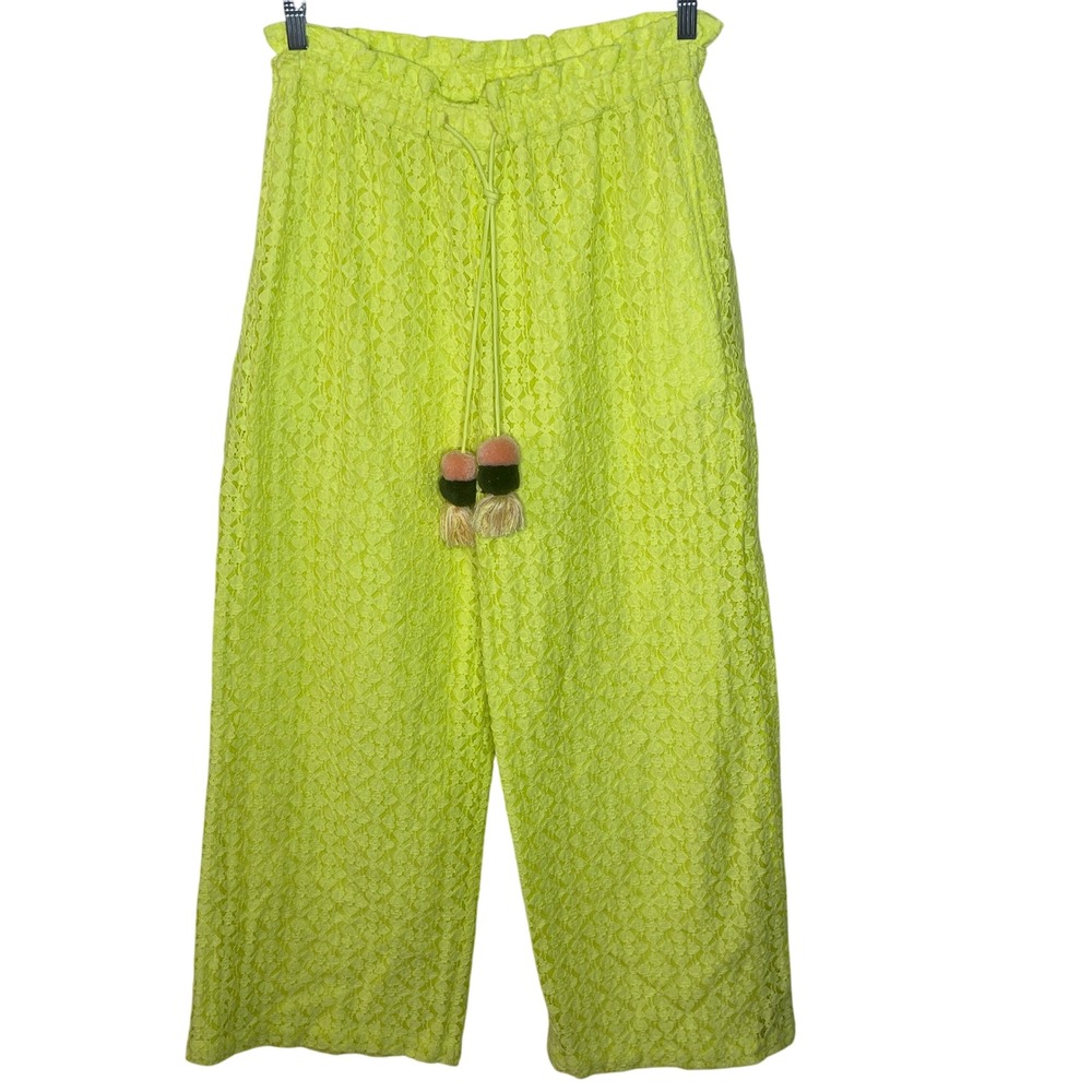 Ollari New York Neon Yellow‎ Lace Wide Leg Cropped Pants Pockets S